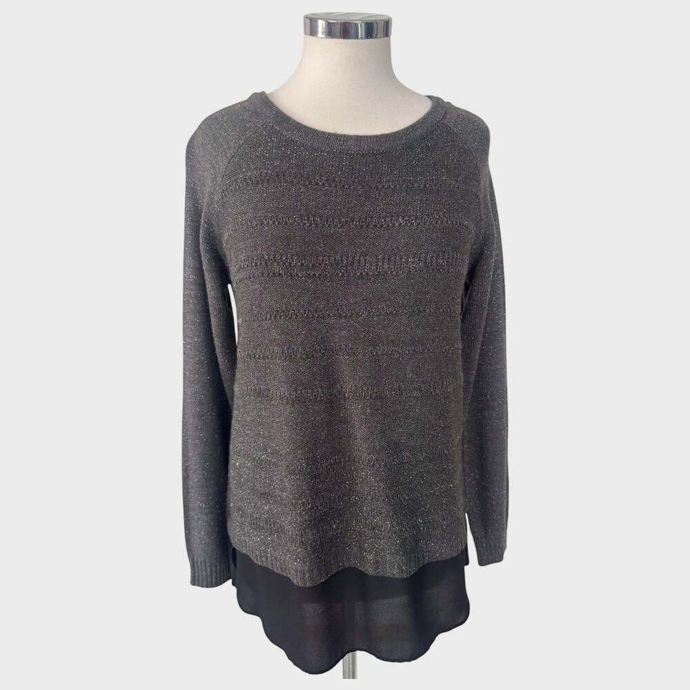 AB Studio Womens Large Charcoal Gray Sweater 2Fer Blouse Under Hem
